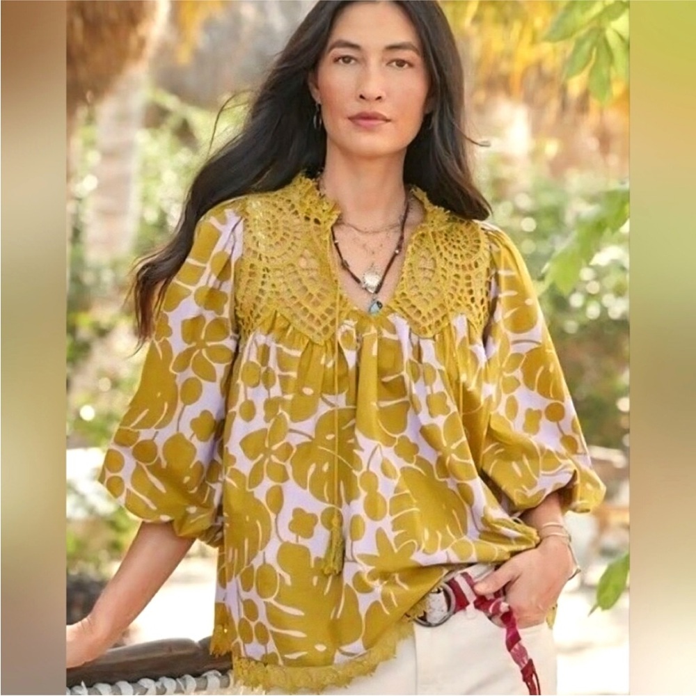 Sundance Mustard Yellow Floral Crochet-Yoke Blouse